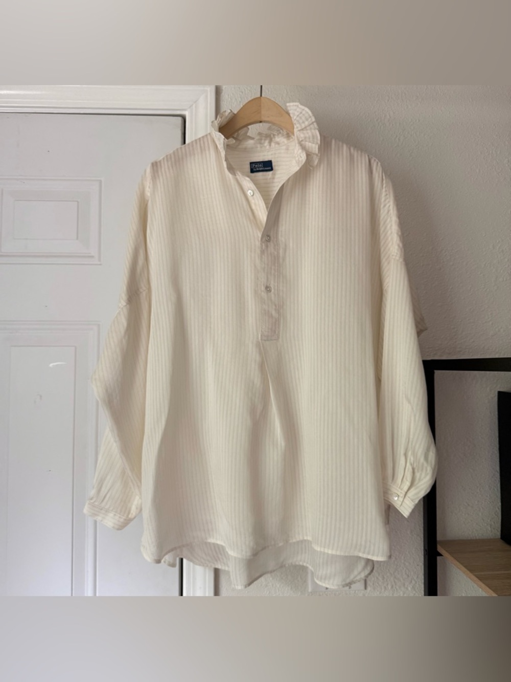 Polo Ralph Lauren cream white striped silk ruffle collar popover blouse shirt